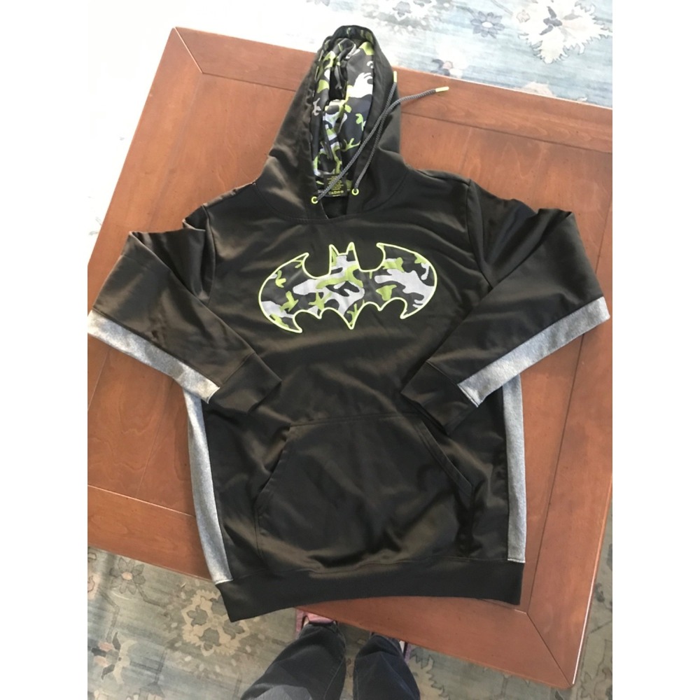 Batman Hooded Sweatshirt Hoodie Neon Camo Logo Black Kangaroo Pocket Sz Medium